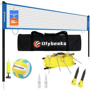 32ft Regulation Size Portable Outdoor Volleyball Net Set System for Backyard Beach with Height Adjustable Poles, PU Volleyball and Pump, Carry Bag, Boundary Line - Easy Set Up & Anti-Sagging (Blue)