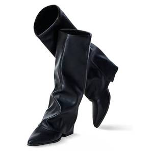 lot 1200 image: Knee High Boots Women, Fold Over Shark Boots Pointed Toe block heels Wide Calf��Minimalist Street Style Faux Leather Boots for Fall & Winter (Black, 8.5, Adult, Women, 8.5, Numeric, US Footwear Size System, Medium)
