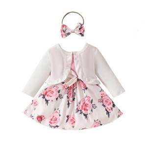 lot 2212 image: ZAXARRA Toddler Baby Girls Fashion Outfits Sleeveless Flower Print Dress Long Sleeve Ruffle Coat Bow Headband Clothing sets (White, 18-24 Months)