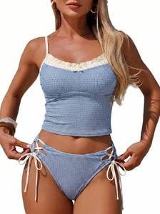 lot 2258 image: Finesatile Bathing Suit for Women High Waisted String Tankini Sets Plaid Chic Swimsuit Ruffled 2 Piece Bikini Blue Gingham M