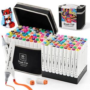 lot 2272 image: OHQOHQ Alcohol Markers Set 80 Colors, Dual Tip Art Markers Alcohol Based, Chisel & Fine Tip Coloring Markers for Adult Coloring Books, Sketching, Drawing, Illustration, Art Supplies