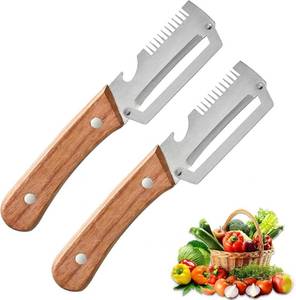 lot 2291 image: 2-Pack Premium Multi-Functional Vegetable Peeler with Wooden Handle & Built-in Bottle Opener, Julienne Peeler for Potato, Carrot, Fruit, Pumpkin and Vegetables