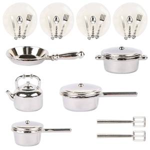 lot 2304 image: 26 Pieces Dollhouse Miniatures Kitchen Set Metal Miniature Baking Set Include Mini Pots Mini Pans Plates Knife Fork Spoon for Dollhouse Party Decoration Supplies