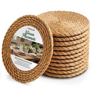 lot 3613 image: 12 Pcs Round Woven Placemats - Yedoler 13 in Farmhouse Boho Straw Heat Resistant Outdoor Patio Rattan Wicker Table Mats, Natural Water Hyacinth Place Mats Coasters for Dining Table,Home,Wedding