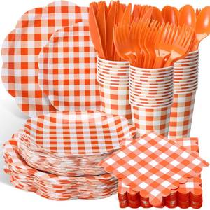 lot 3639 image: Funnymoom 400 Pcs Gingham Party Supplies for 50 Guests Orange and White Paper Plates and Napkins Knives Spoon Fork Cup Disposable Checkered Dinner Party Set Cutlery for Baby Shower Wedding Favor