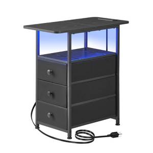 DALEMHOME Narrow End Table with Charging Station, Narrow Side Table with 3 Fabric Drawers, Slim Nightstand with LED Light, Small Bedside Table with Storage, Living Room, Bedroom, Black HKET1303BK