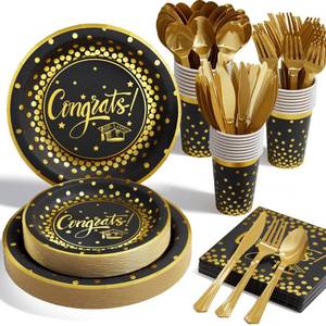 lot 3665 image: Ecomore Graduation Decorations 2026-175 PCS Black Gold Disposable Dinnerware Set, Congrats Grad Party Supplies wPaper Plates Cups Napkins & Plastic Cutlery, Serves 25 for School College Class 2026