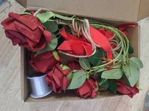 lot 4391 image: Artificial Red Roses with Green Leaves and Twine - Floral Arrangement Bundle
