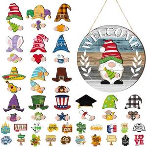lot 4392 image: Qunclay Antique Seasonal Interchangeable Wooden Gnome Decor Summer Christmas in July Gnome Decorations with Magnet Pieces and Detachable Hats Hanging Welcome Sign