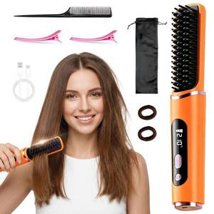 lot 4419 image: Cordless Hair Straightener Brush for Travel, 2-in-1 Mini Flat Iron with 5 Temp Settings, Digital Display & 60-Min Runtime, Anti-Scald Ceramic Coating, Portable Hot Hair Brush for Women(Orange)