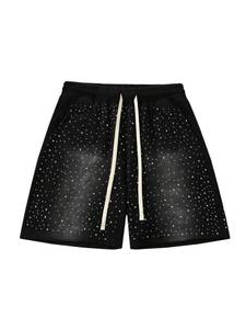 lot 6030 image: VIPWOLF Mens Rhinestone Sparkly Shorts Y2k Distressed Drawstring Waist Glitter Rave Drippy Bermuda Shorts Streetwear Black Small