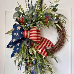 lot 9070 image: Suncalla Patriotic Wreath for Front Door Red White Blue Flowers Outdoor 250th Anniversary 4th of July American Flag Bow Wreath for Independence Day Memorial Day Inside Outside Home Decor