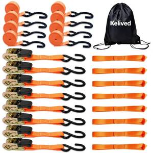 lot 9071 image: Kelived 8PK Ratchet Tie Down Straps - 1in x 16feet, 1760LBS Break Strength, 8 Soft Loops, Wear-Resistant Webbing with Non-Slip Rubber Handle, S-Hooks & Storage Bag