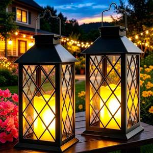 lot 9111 image: Cozymeow Solar Lanterns Outdoor Waterproof, 2 Pack 11 Flickering Candles Hanging Solar Lights, Vintage Lamp Hanging Solar Lights for Outside Garden Patio Wall Porch Decorative, Black