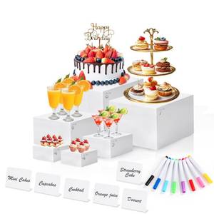 lot 9116 image: 6 Pcs White Acrylic Buffet Risers with Mini Sign and Maker, Food Display Stands for Buffet Table Party Catering Dessert Jewelry Collectibles,Nesting Cube Boxes with Hollow Bottoms (8,7,6,5,4,4)