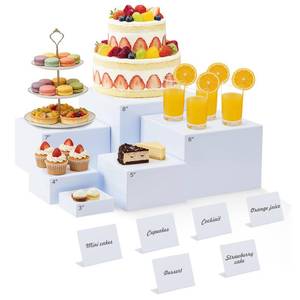 lot 9119 image: Nestable Buffet Risers - 6 Pcs White Acrylic Food Risers with Signs & Markers �� Sturdy Dessert Table Display Stands for Parties, Catering, Jewelry & Collectibles (Easy-Store Stackable Cubes 8, 7, 6, 5, 4, 3)