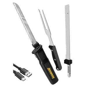 lot 9126 image: Jesweey Cordless Electric Carving Knife for Meat Slicing, Fish, Bread, Turkey, Ergonomic Handle, Serving Fork Included, Package Box for Storage & Safety Lock, Black