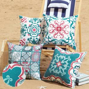 lot 10138 image: Phantoscope Set of 4 Outdoor Waterproof Throw Pillow Covers, Geometric, Decorative Boho Farmhouse Outdoor Pillows Cushion Case for Home Patio Furniture Tent, TealPink 18x18 Inches