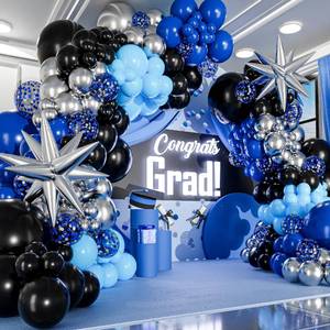 lot 10170 image: ALL-IN-1 Blue and Black Balloons Arch Kit with BONUS Starbursts �� Small & Large Silver Black Blue balloons �� Light, Navy, Royal Blues & Blacks Party Decorations for Baby, Graduation, Birthday, Gaming