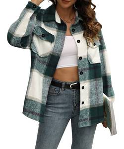 lot 11822 image: Trendy Queen Womens Flannel Shacket Casual Jacket Plaid Button Down Long Sleeve Shirt Fall Winter Outfits, LightGreen, M