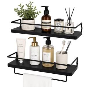 lot 11835 image: Season 2 Season Floating Bathroom Shelves Set of 2 Wall Mounted Shelf with Black Metal Frame and Towel Rack for Bathroom Over Toilet Storage and Organizers for Bedroom Living Room Kitchen Office