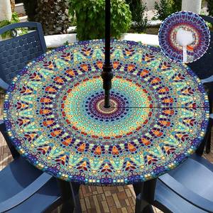 lot 12000 image: Buwuta Outdoor Tablecloth with Umbrella Hole Waterproof Round Fitted Tablecloth with Elastic Zippered Wipeable Table Cloth Round Cover for Picnic, Patio,Garden Fits to 48-52 Patio Tables