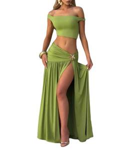 lot 12345 image: VOIKERDR Maxi Skirt Sets for Women Bodycon Crop Top and Split Flowy Skirt for Women Dressy Vacation Outfits L  (Slight Use)