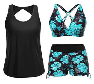 lot 12349 image: Yonique 3 Piece Tankini Swimsuits for Women Swim Tank Top Bathing Suits with Boy Shorts and Bra Athletic Swimwear Blue Floral 01 M