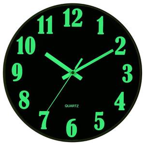 lot 12357 image: JoFomp Glow in The Dark Clock, 12 Inch Modern Silent Non Ticking Wall Clocks Battery Operated, Night Light Wall Clock for Living Room Decor, Wall Clock Decorative for Kitchen Bedroom