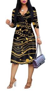 lot 12367 image: Womens Plus Size Faux Wrap Cocktail Party Dresses 34 Sleeve Deep V Neck Swing Wrap Floral Midi Dress with Belt BlackGold 2XL