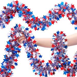 lot 12398 image: 52.5Ft Patriotic Glitter Tinsel Garland Decoration, Red White Blue Star Metallic Tinsel Twist Garland, 4th of July Decor Parade Golf Cart Shiny Tinsels for Car Bike Independence Day Memorial Day Decor