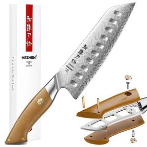 lot 12404 image: HEZHEN Damascus Santoku Knife, 7 Inches, 67 Layers Damascus Steel, Ultra Sharp Blade, Japanese Chef Knife for Professional Chefs and Home Cooking, Linen Micarta Handle, Gift Packing