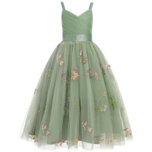lot 12412 image: OBEEII Flower Girl Dress for Wedding Pleated V Neck Satin Back Floral Embroidery Tulle Princess Dress Junior Wedding Birthday Pageant Formal Ball Prom Gown Sage Green-Floral 9 Years