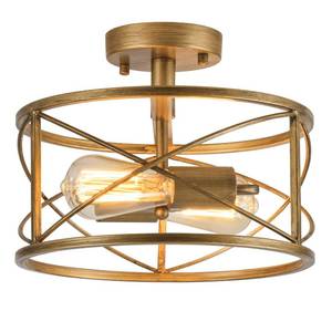 lot 13753 image: WELTRANS 2-Light Semi Flush Mount Brushed Brass Ceiling Light Fixture, Farmhouse Industrial Metal Cage with Adjustable Height, Dimmable for Hallway Entryway Kitchen Bedroom Foyer Laundry Low Ceiling