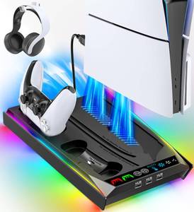 lot 13757 image: Rysker PS5SlimPro Stand, PS5 Cooling Station Built-in 3-Level Cooling Fan & Fast Charger for Disc & Digital, PS 5 Accessories with Safety Screw and Headset Holder for PlayStation 5 Case