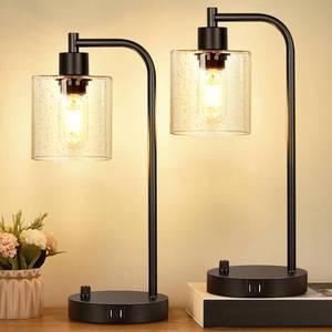 lot 13764 image: Lynnoland Set of 2 Industrial Table Lamps with 2 USB, Fully Stepless Dimmable Bedside Lamps for Bedrooms, Nightstand Lamp with Seed Glass Shade for Reading Living Room Office (Bulbs Included)