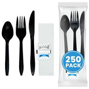 lot 13768 image: Individually Wrapped Plastic Cutlery Set with Napkin  Salt & Pepper Packets in Black (250 Count) Prewrapped Disposable Silverware Bags, Bulk Utensils Fork, Knife, and Spoon for Togo Eating