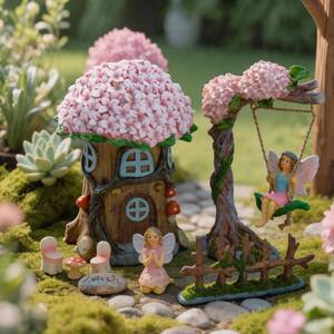 lot 14207 image: Landoraloria Miniature 8 Pcs Mini Garden Furniture, Fairy Garden Accessories Kit, Resin Figurines with Swing Set, Whimsical Theme, for Outdoor Patio, Yard, Lawn, or Desk
