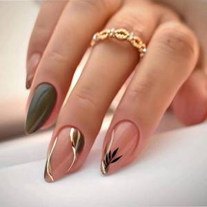 lot 14209 image: FJSMTOPl Green Press on Nails Almond Fake Nails Press ons with Designs Leaf Medium False Nails Glue on Nails Glossy Full Cover Acrylic Artificial Stick on Nail for Women Manicure 24Pcs
