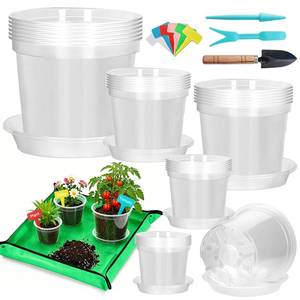 lot 14216 image: 34567 Inch Clear Plastic Nursery Pots with Drainage Holes and Saucers, 30Pcs Seedling Starter Flower Pots with Repotting Mat, Plant Labels and Tools Sets for Flower Herb, Succulent Transplanting