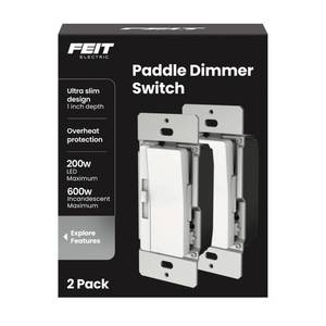 lot 14224 image: Feit Electric Paddle Dimmer Switch for Dimmable LED Light Bulbs, Single Pole or 3-Way Toggle Light Switch, Overheat Protection, Wall Plates & Installation Hardware Included, 2 Pack