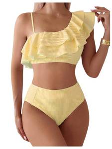 lot 14248 image: Floerns Womens 2 Piece Striped Bikini Set Ruffle Trim Swimsuit Beach Vacation Bathing Suit Yellow Small