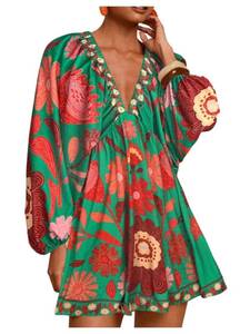 lot 14254 image: RoseSeek Womens Boho Floral V Neck Mini Dresses Bishop Sleeve Tie Open Back Tropical Dress Green and Red Medium