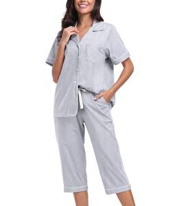 lot 14259 image: CF 100% Cotton Pajamas for Women Button Down Capri Pjs Lounge Sets Sleepwear 2 Piece PJ Sets Short Sleeve Top and Capri Pant(Gray,S)