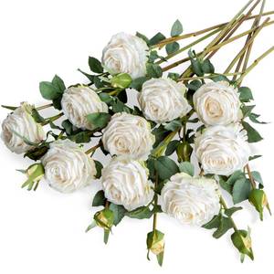 lot 14274 image: XONOR Artificial Rose Flowers Realistic Silk Burnt Edge Vintage Rose with Long Stem for Home Bridal Wedding Party Floral Bouquets Decoration (10Pcs, White)