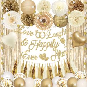 lot 14287 image: Champagne White Gold Bridal Shower Decorations, Bachelorette Party Decorations Love Laughter Happily Ever After Banner Foil Balloons Paper Pompoms Fans Tassel Foil Curtain for Wedding Party Decor