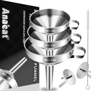 lot 19620 image: Anaeat 3 Pack Stainless Steel Kitchen Funnel Set, Multi-Use Premium Metal Food Grade Cooking Funnels with 2 Removable Strainer Filter for Transferring Liquid or Dry Ingredients & 1 Pc Cleaning Brush