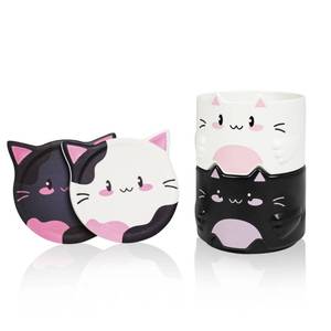 lot 19640 image: YOBRO Cat Mugs with Coasters Set of 2, Ceramic Stackable Coffee Mugs, White & Black Cute Design, Cute Mug Set for Kids, Valentine & Birthday Gift for Couples & Cat Lovers, 10oz