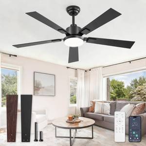 lot 19645 image: Glowivia 52 Inch Ceiling Fans with Lights and Remote&APP Control, Black Smart Ceiling Fan with 3000-6000K Dimmable, 6 Speeds Quiet Reversible Motor, IndoorOutdoor Ceiling Fan for Bedroom Living Room