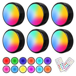 lot 19647 image: ILYXY LED Puck Lights with Remote, 6 Pack Under Cabinet Lighting, Battery Operated Push Light, Dimmable & Color Changing Tap Lights, Stick-On, Shiny Black